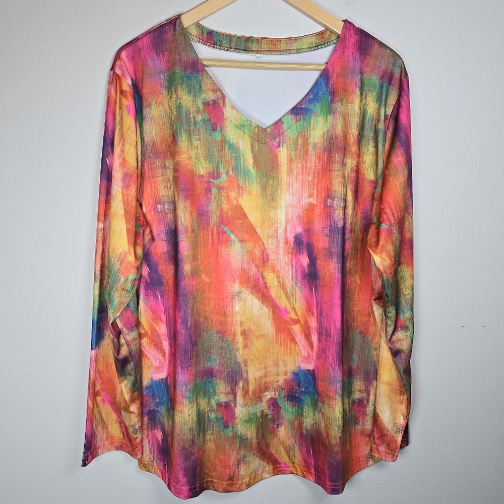 Women's Multi-Colored V-Neck Long Sleeve Top Size 4X Artsy Boho Classy Art Deco